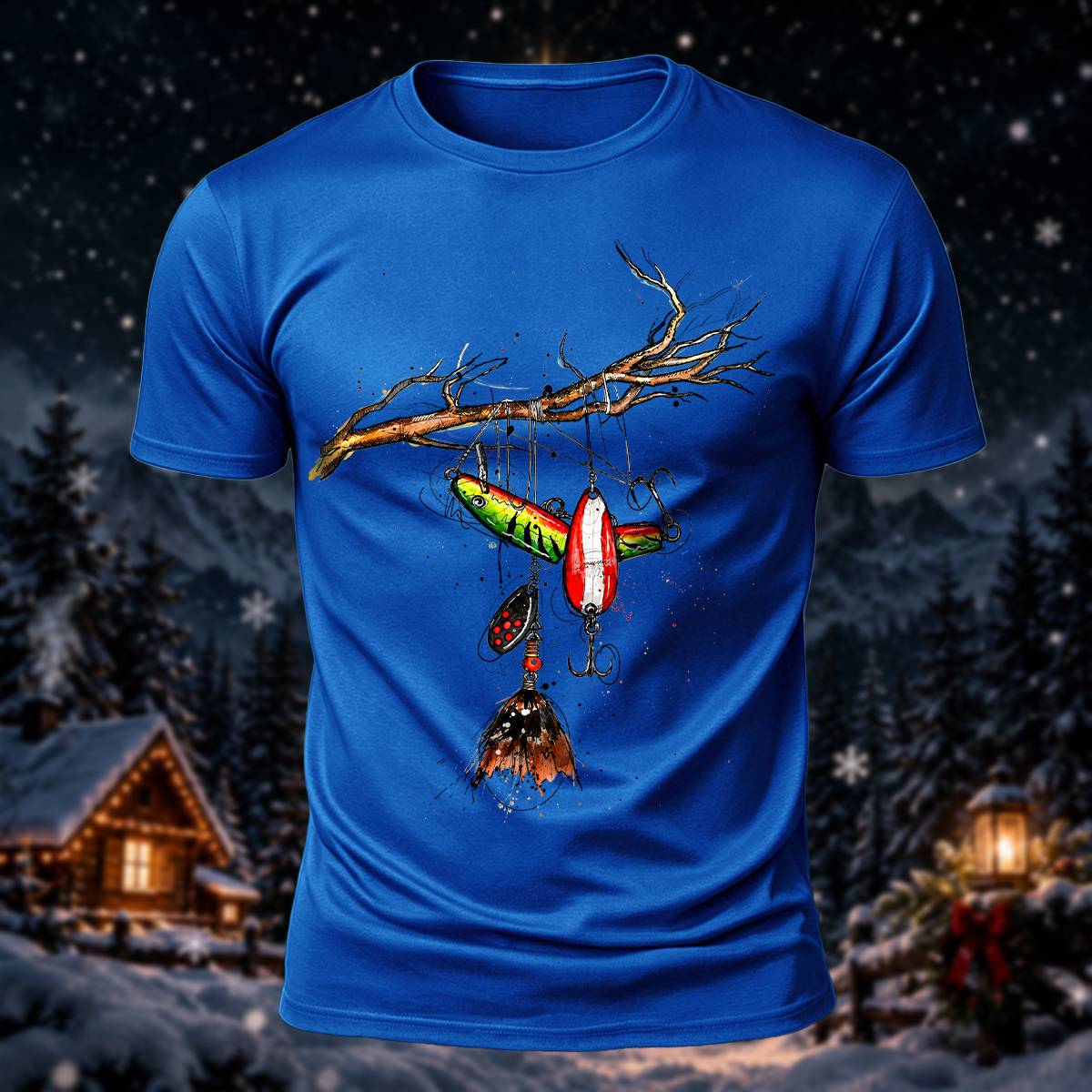 Fishing Lure Branch Christmas Print Casual T-Shirt