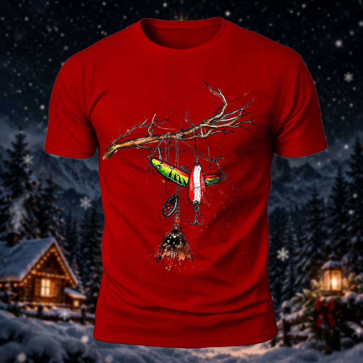 Fishing Lure Branch Christmas Print Casual T-Shirt