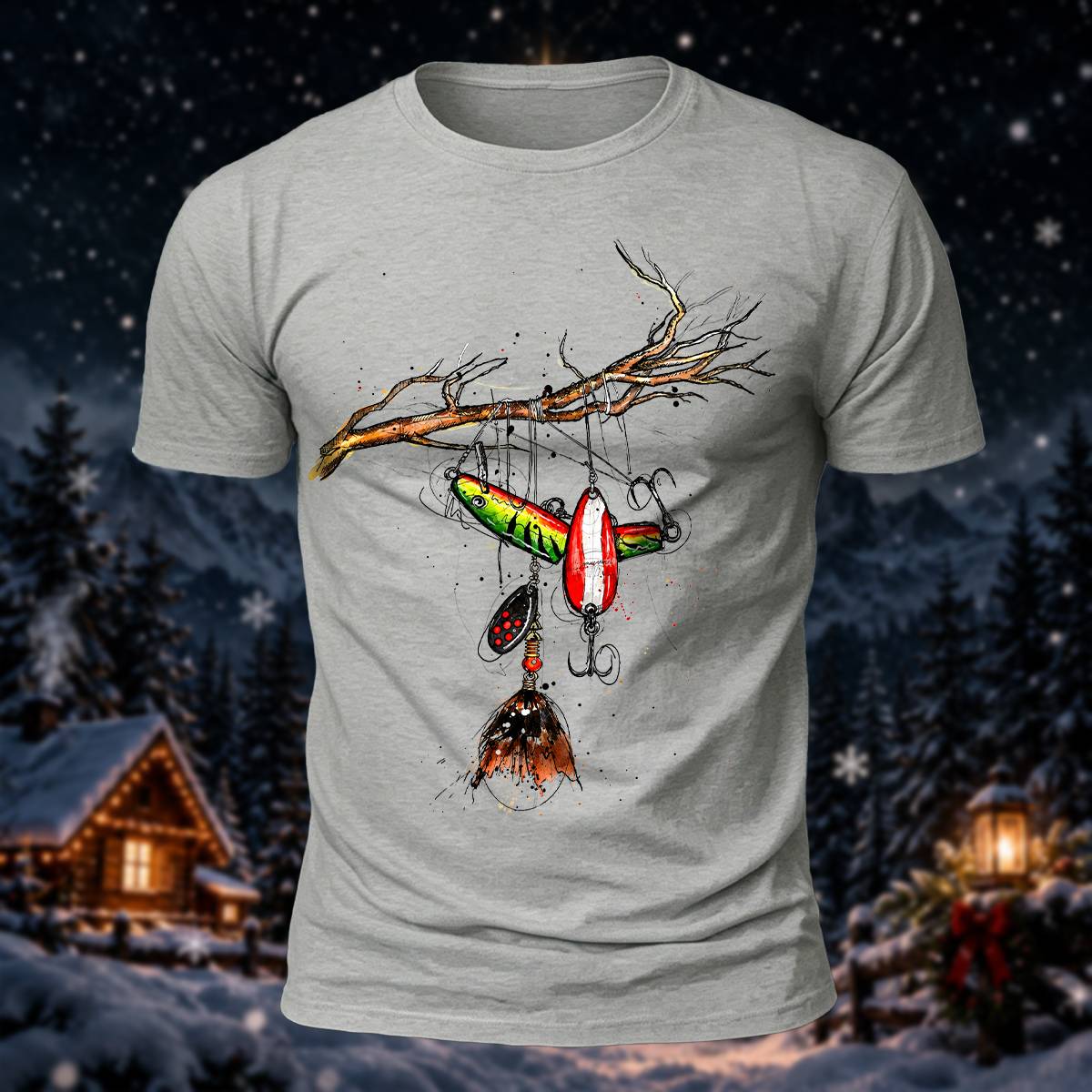Fishing Lure Branch Christmas Print Casual T-Shirt