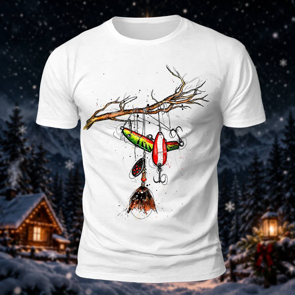 Fishing Lure Branch Christmas Print Casual T-Shirt