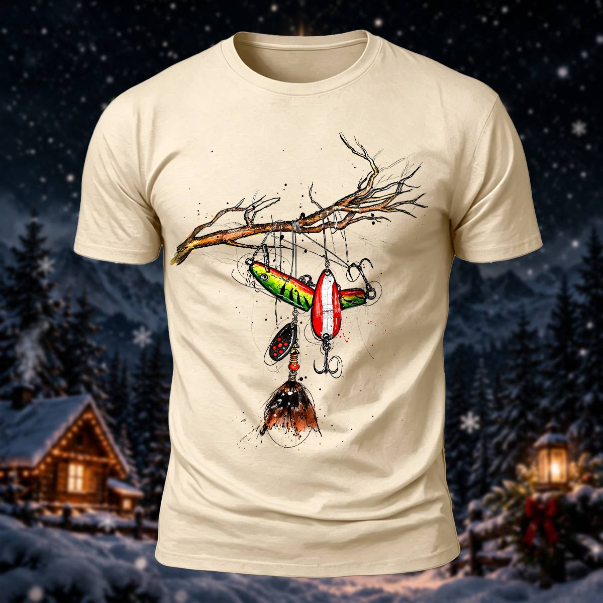 Fishing Lure Branch Christmas Print Casual T-Shirt