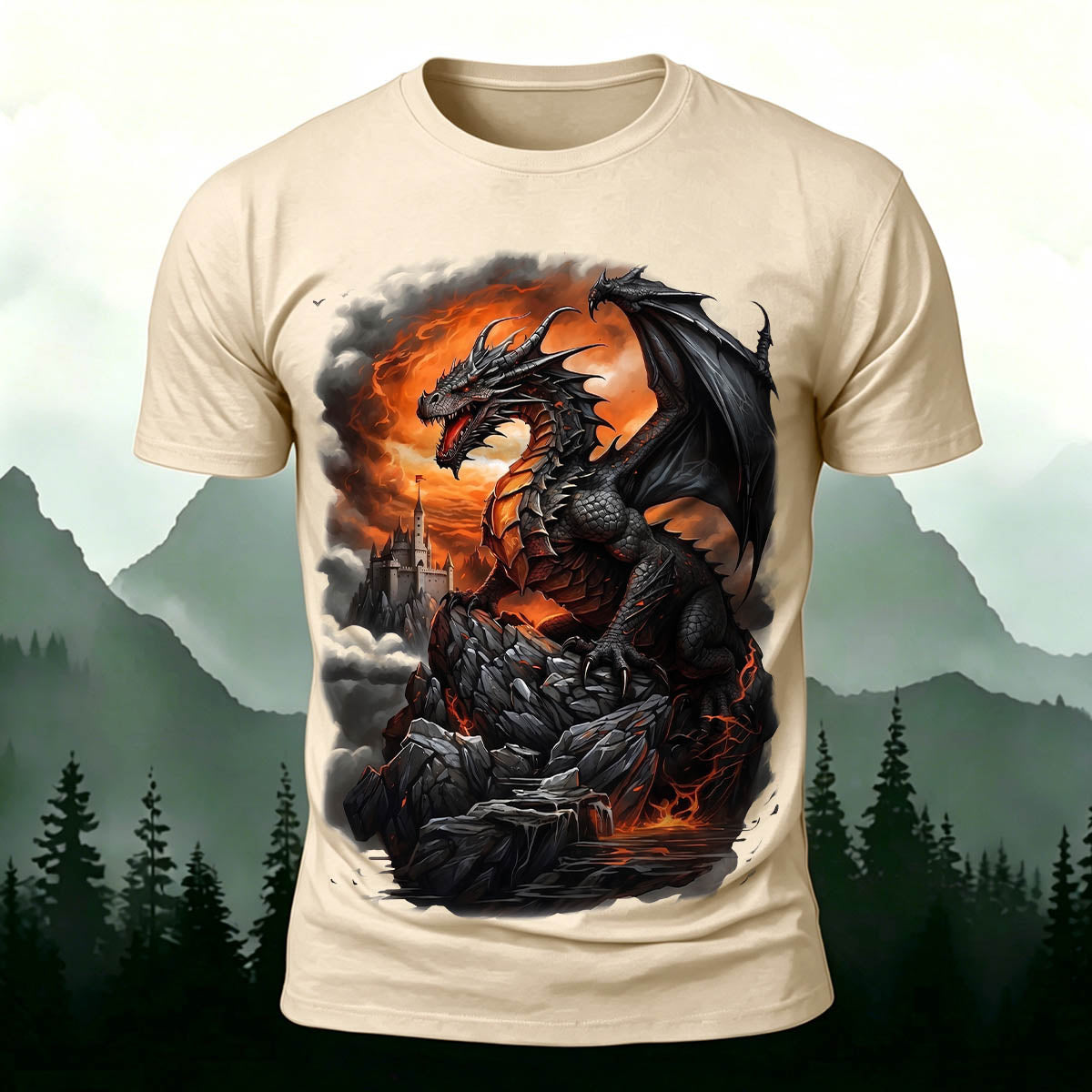 昇華印刷 ファンタジー ドラゴン 城 火山 カジュアルTシャツ