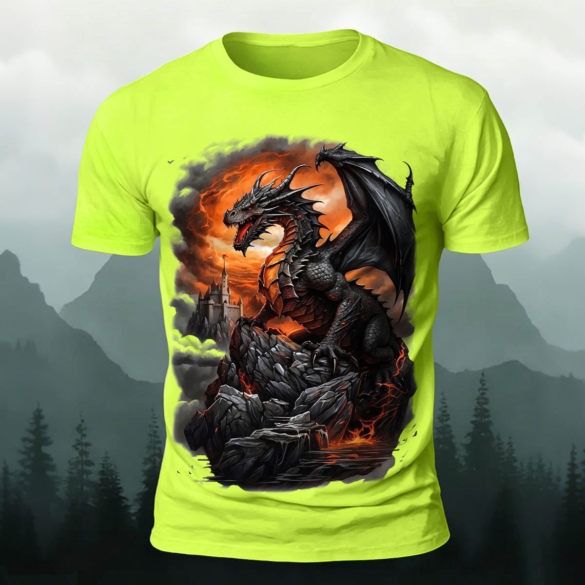 昇華印刷 ファンタジー ドラゴン 城 火山 カジュアルTシャツ