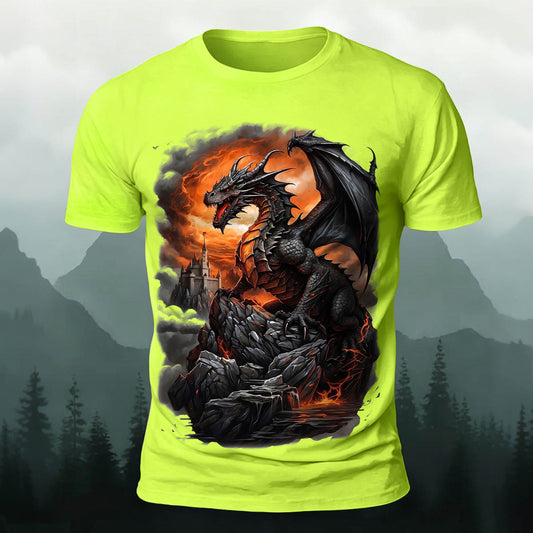 昇華印刷 ファンタジー ドラゴン 城 火山 カジュアルTシャツ
