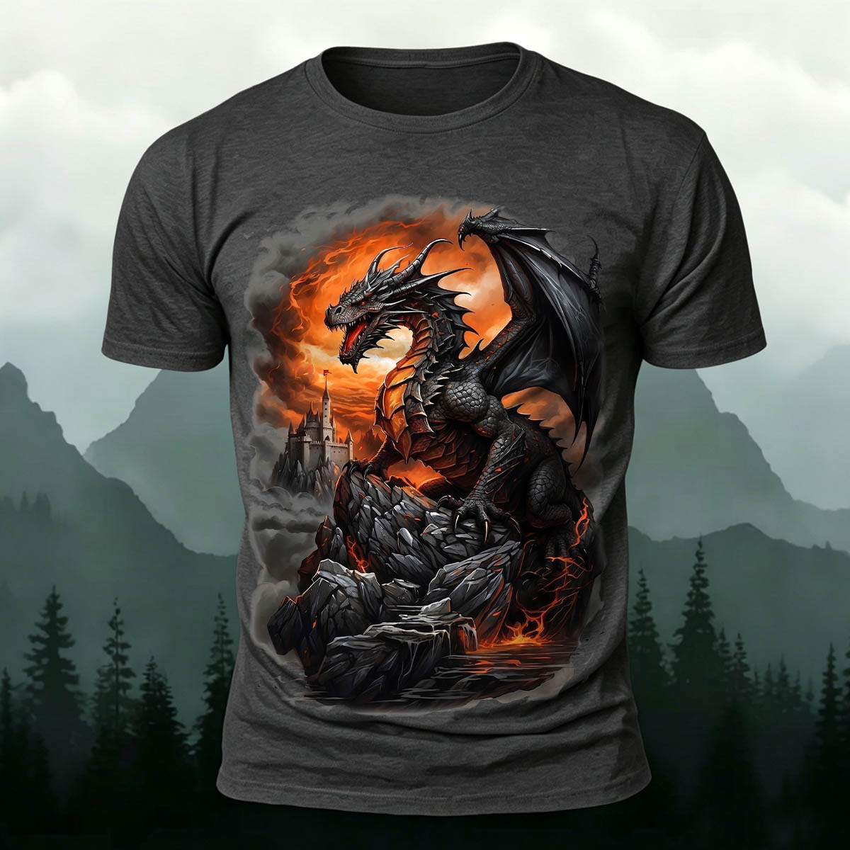 昇華印刷 ファンタジー ドラゴン 城 火山 カジュアルTシャツ