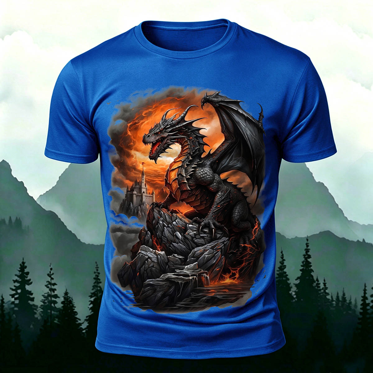 昇華印刷 ファンタジー ドラゴン 城 火山 カジュアルTシャツ