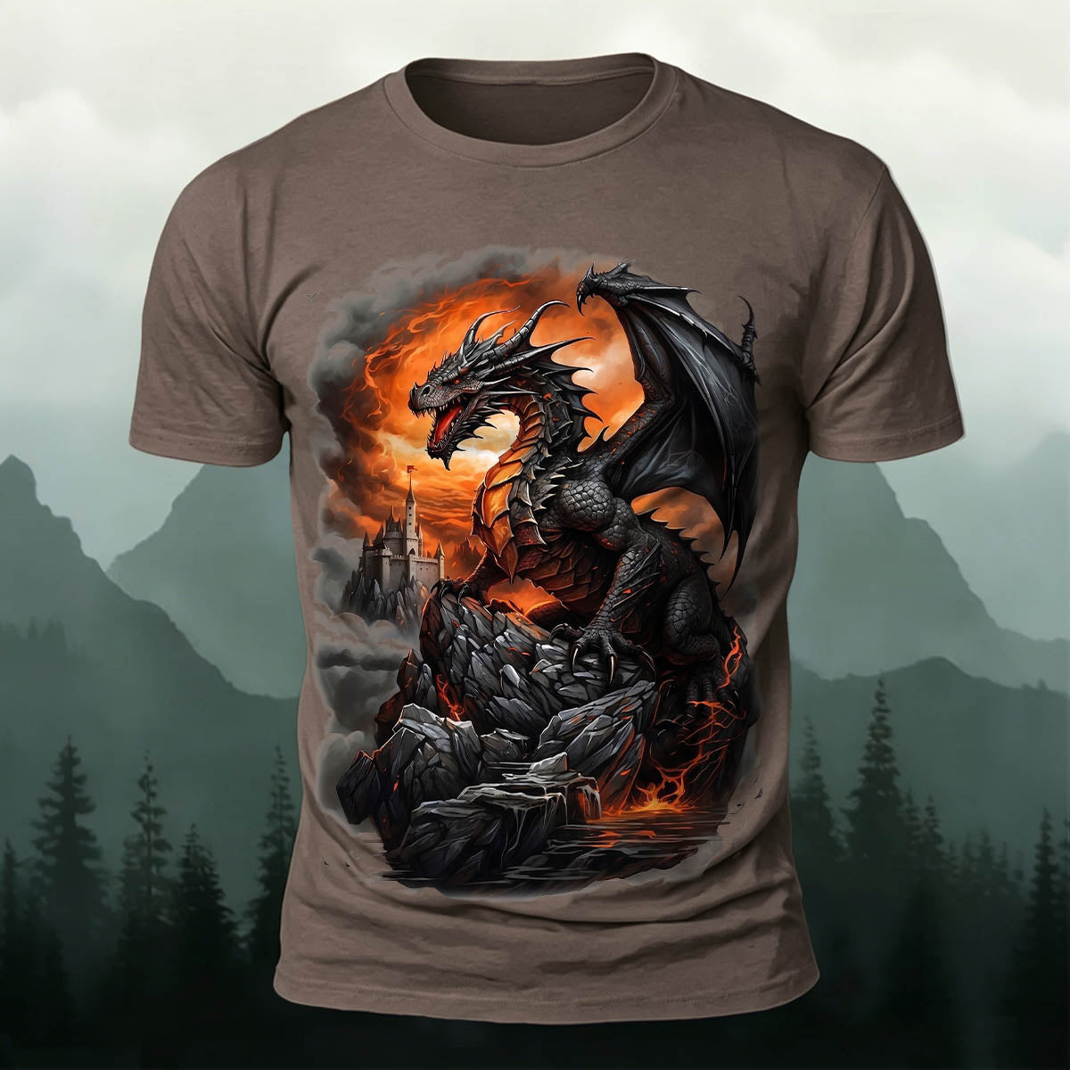 昇華印刷 ファンタジー ドラゴン 城 火山 カジュアルTシャツ