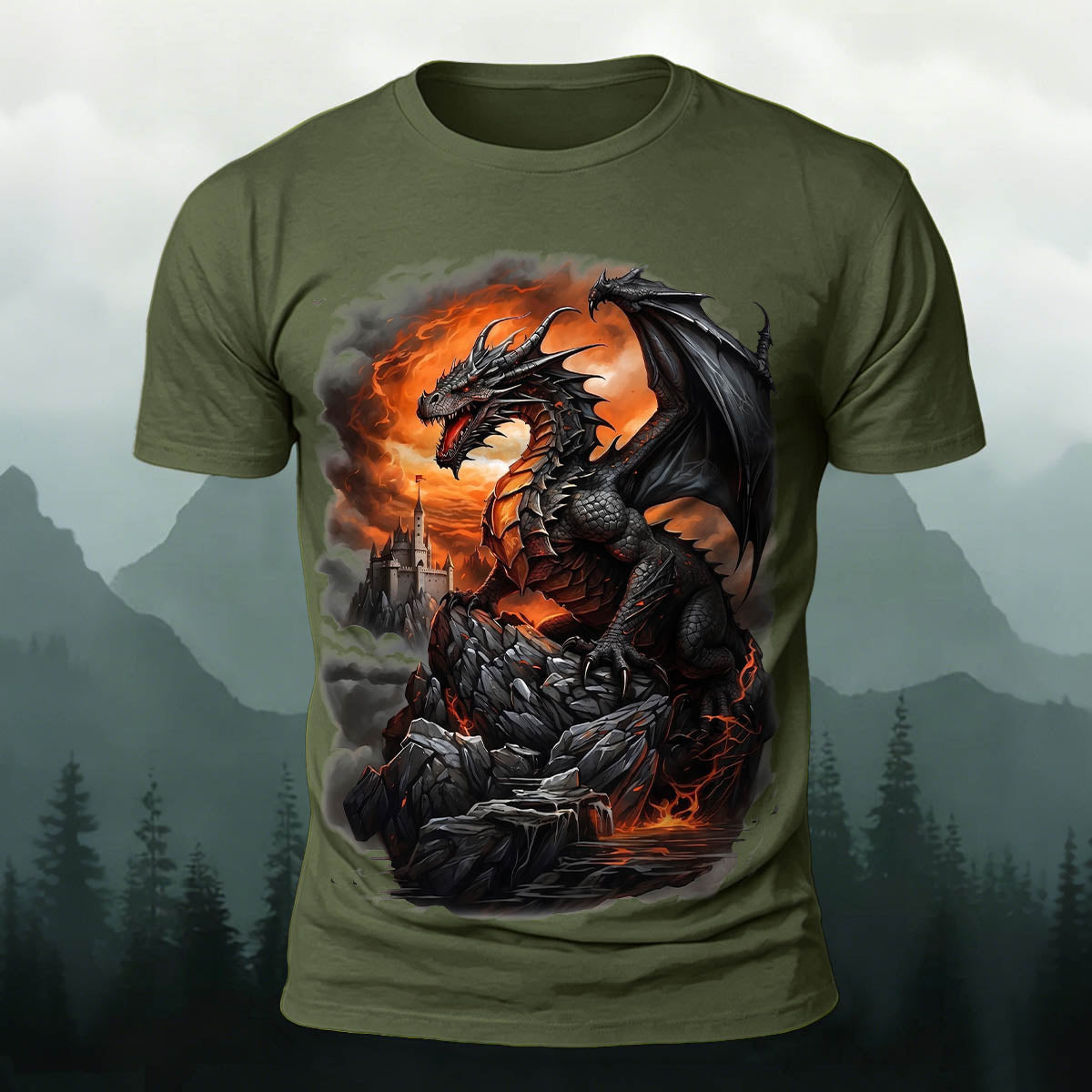 昇華印刷 ファンタジー ドラゴン 城 火山 カジュアルTシャツ