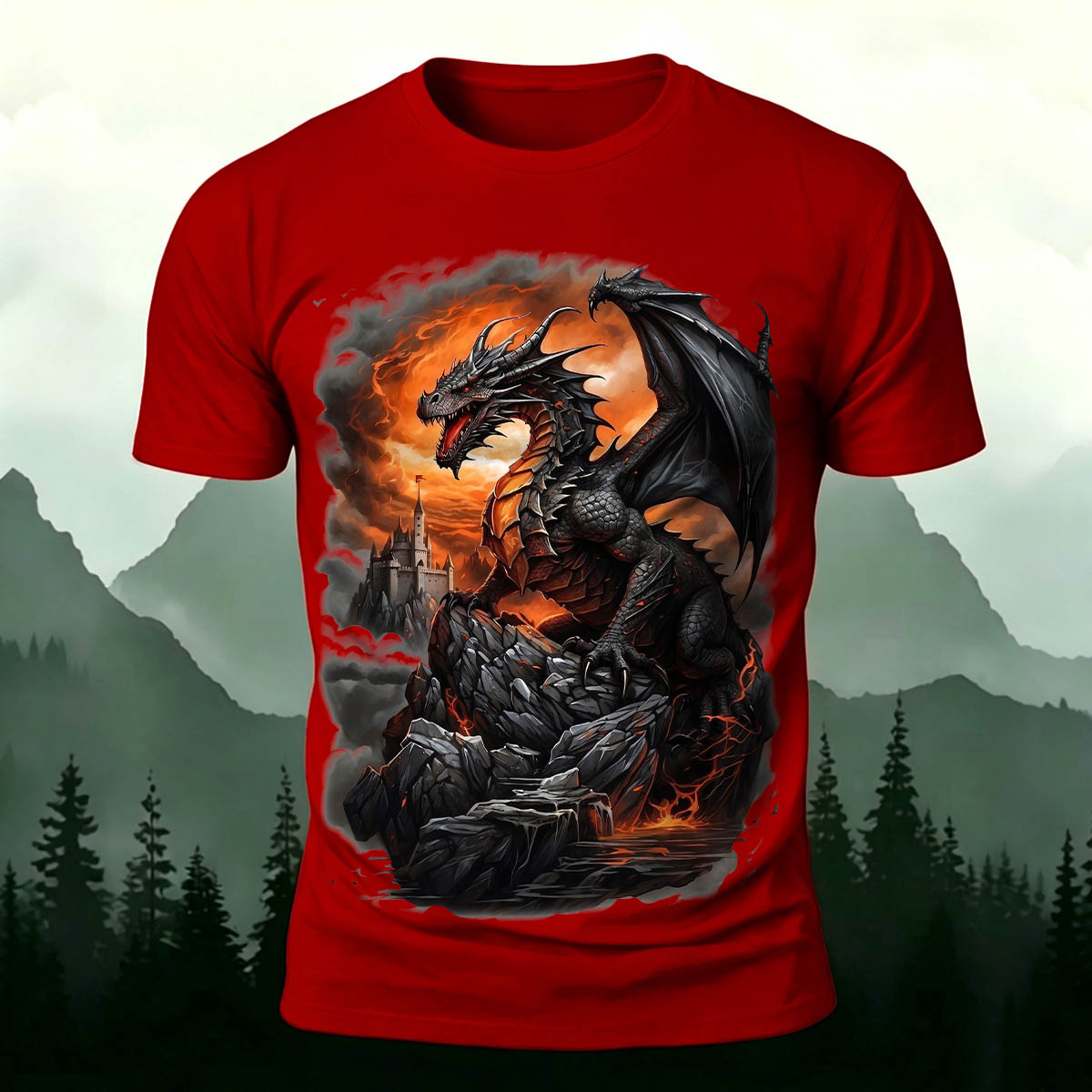 昇華印刷 ファンタジー ドラゴン 城 火山 カジュアルTシャツ