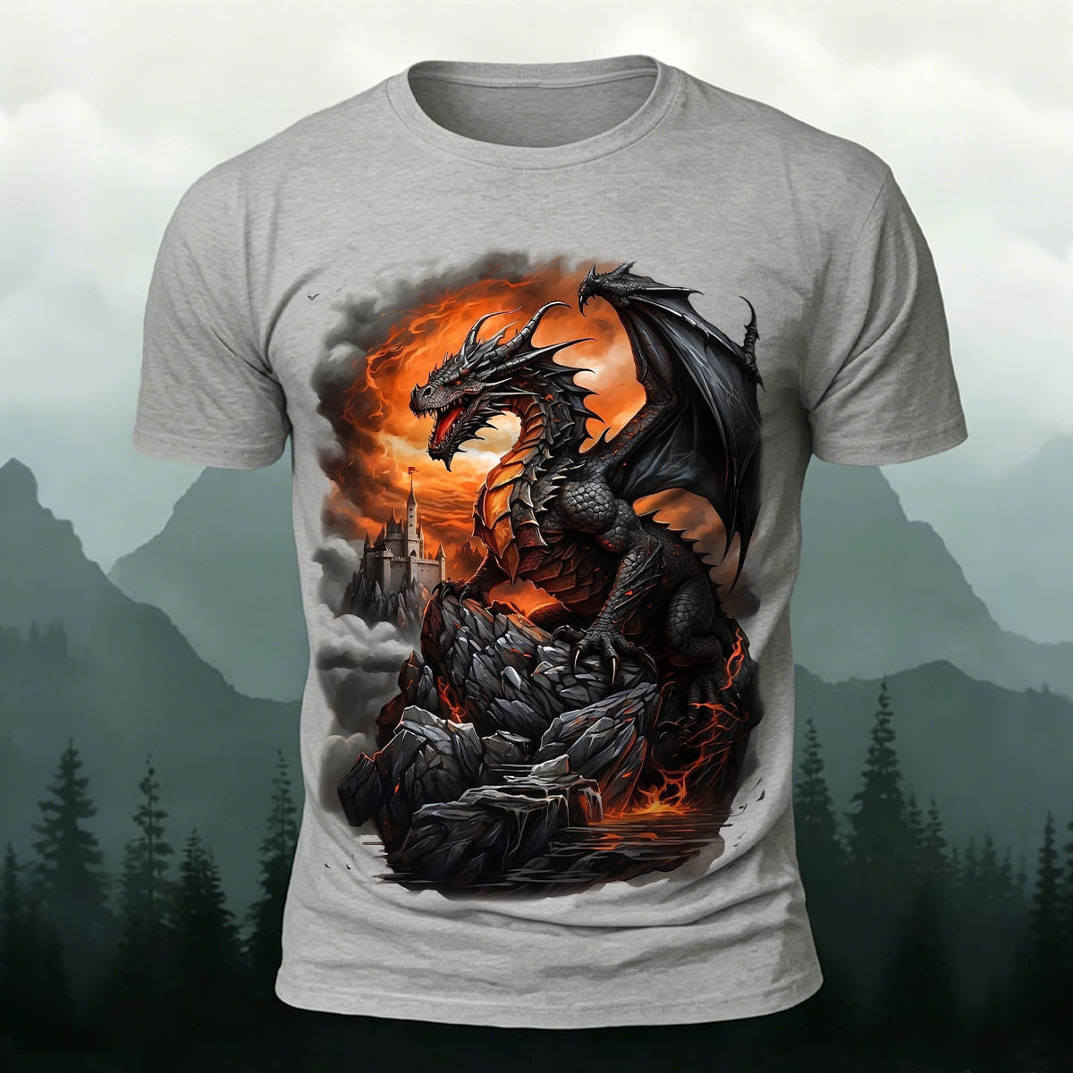 昇華印刷 ファンタジー ドラゴン 城 火山 カジュアルTシャツ