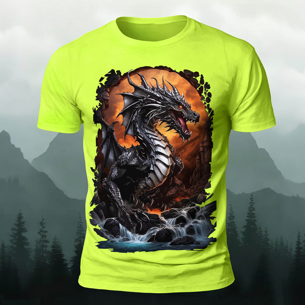 昇華印刷 ファンタジー 黒竜の滝 カジュアルTシャツ