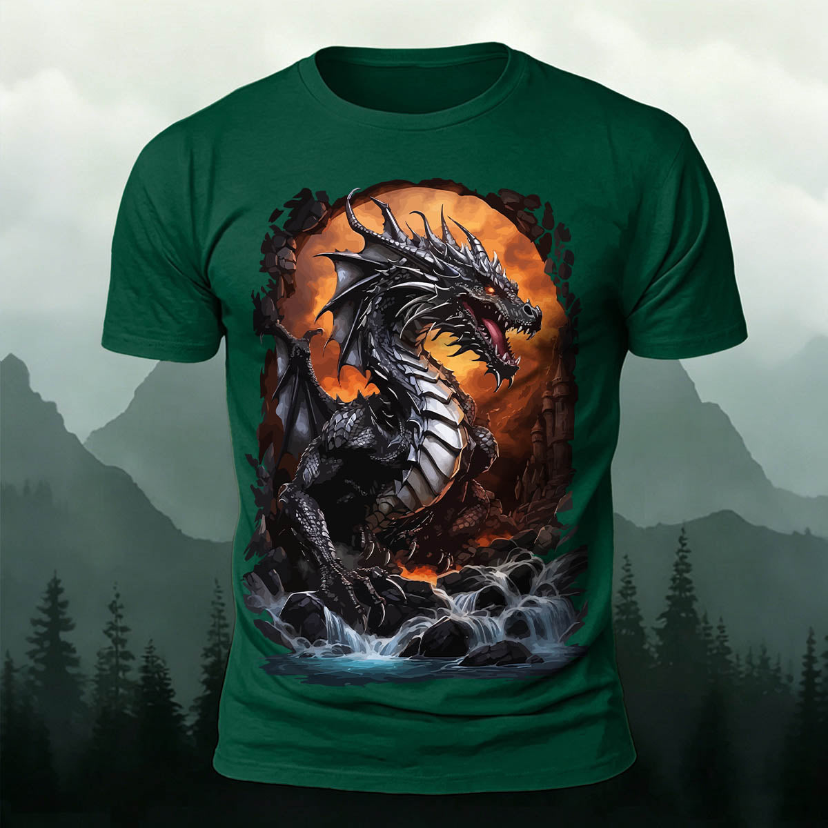 昇華印刷 ファンタジー 黒竜の滝 カジュアルTシャツ