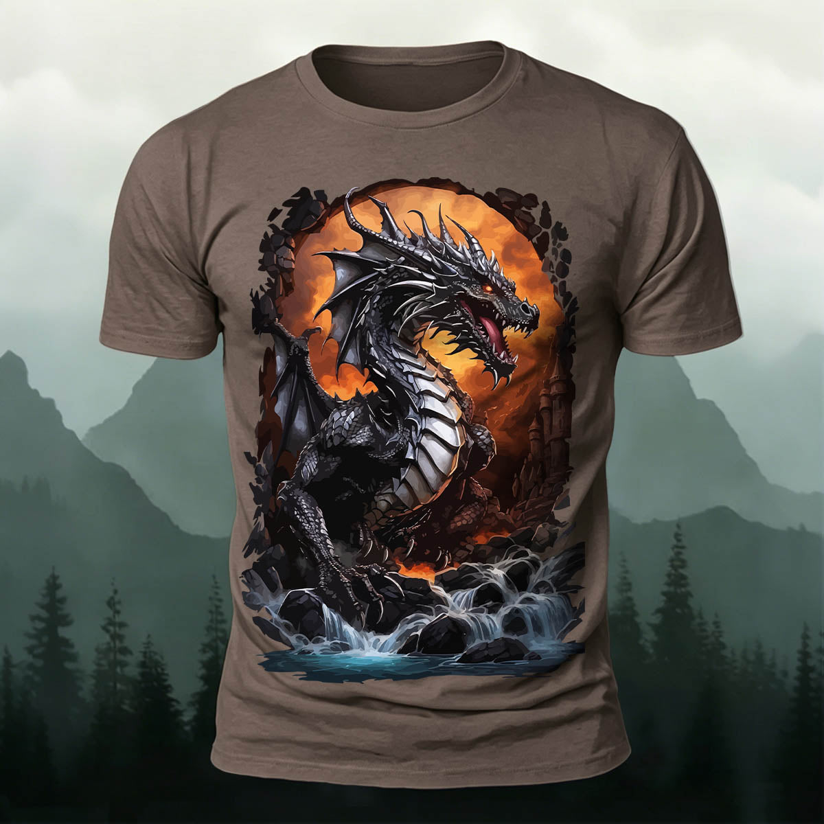 昇華印刷 ファンタジー 黒竜の滝 カジュアルTシャツ