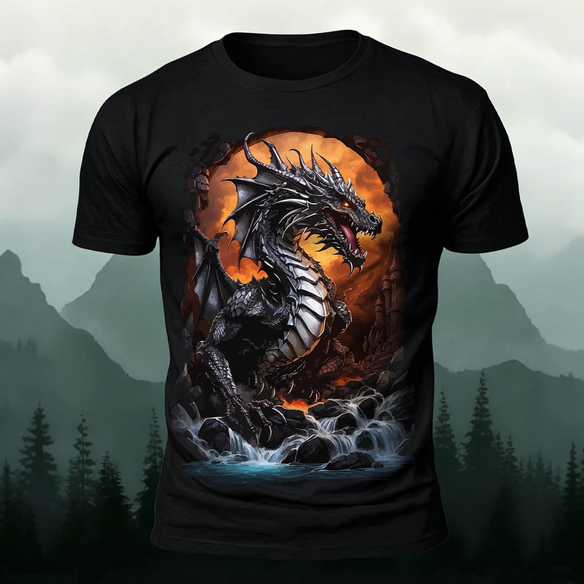 昇華印刷 ファンタジー 黒竜の滝 カジュアルTシャツ