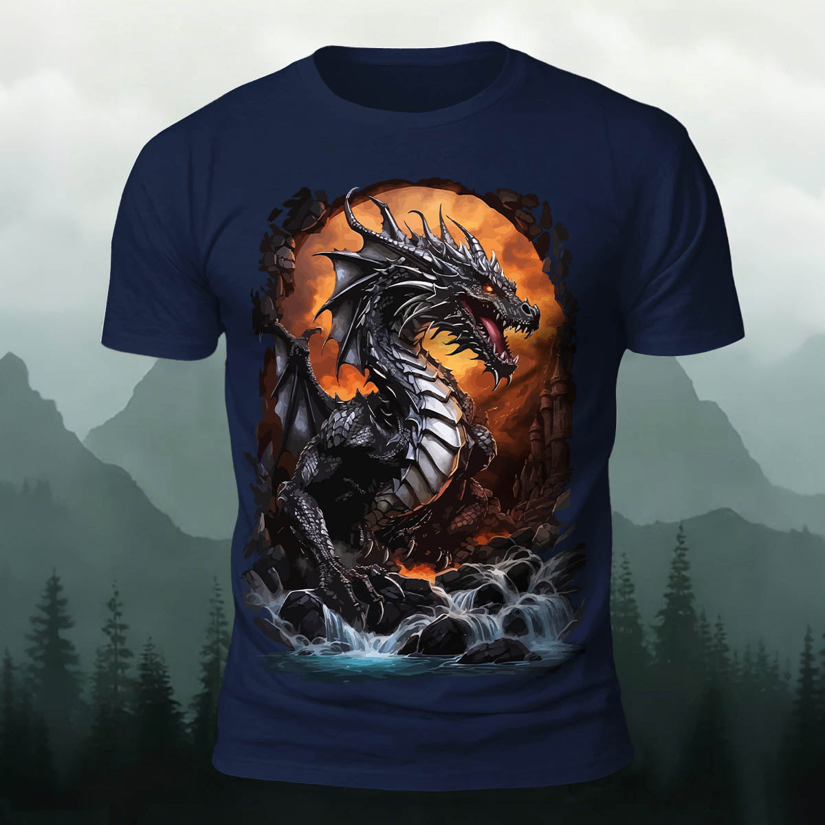 昇華印刷 ファンタジー 黒竜の滝 カジュアルTシャツ
