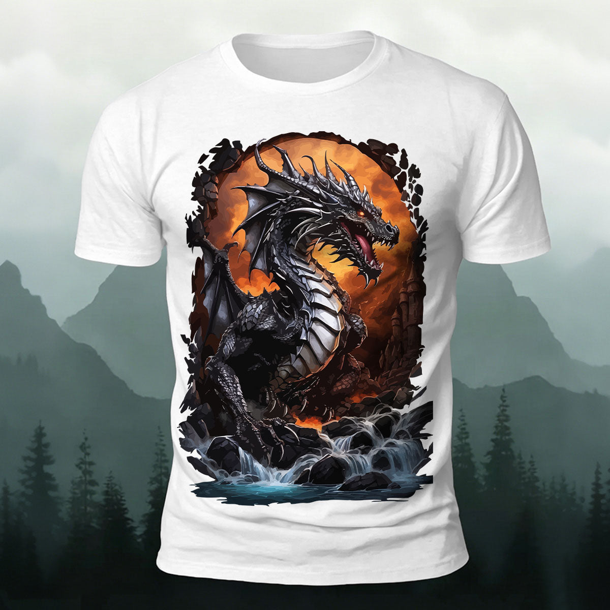 昇華印刷 ファンタジー 黒竜の滝 カジュアルTシャツ