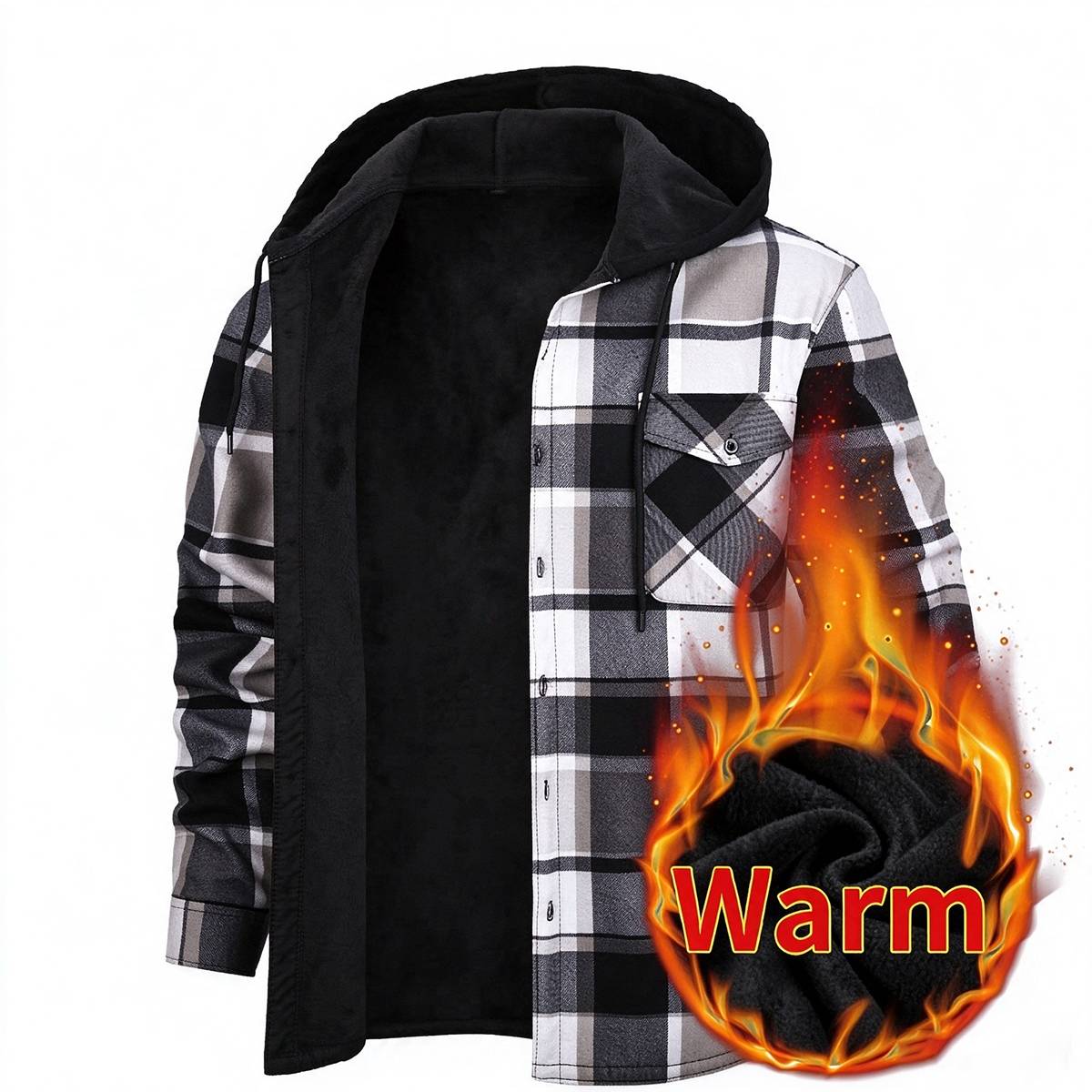 Men's Fleece Lined Plaid Hooded Shirt Jacket