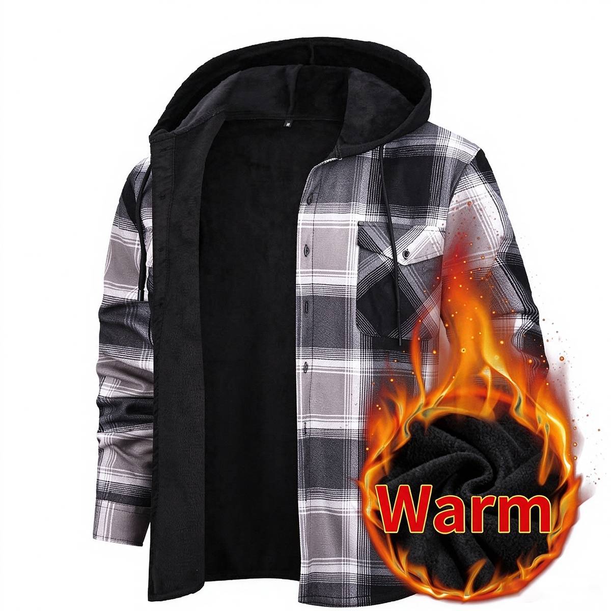 Men's Fleece Lined Plaid Hooded Shirt Jacket