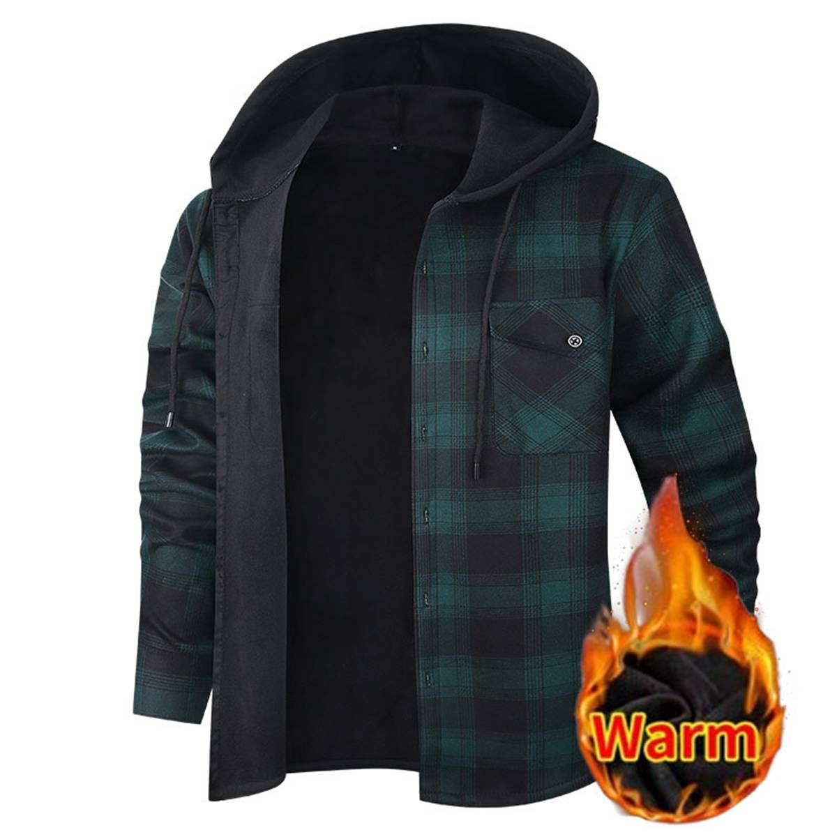 Men's Fleece Lined Plaid Hooded Shirt Jacket
