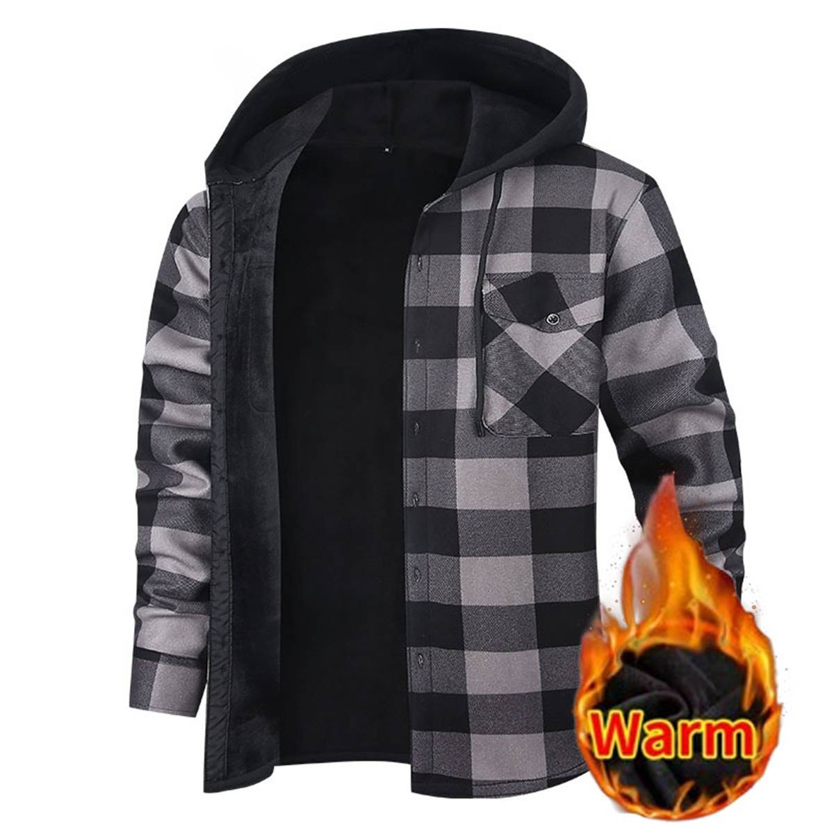 Men's Fleece Lined Plaid Hooded Shirt Jacket