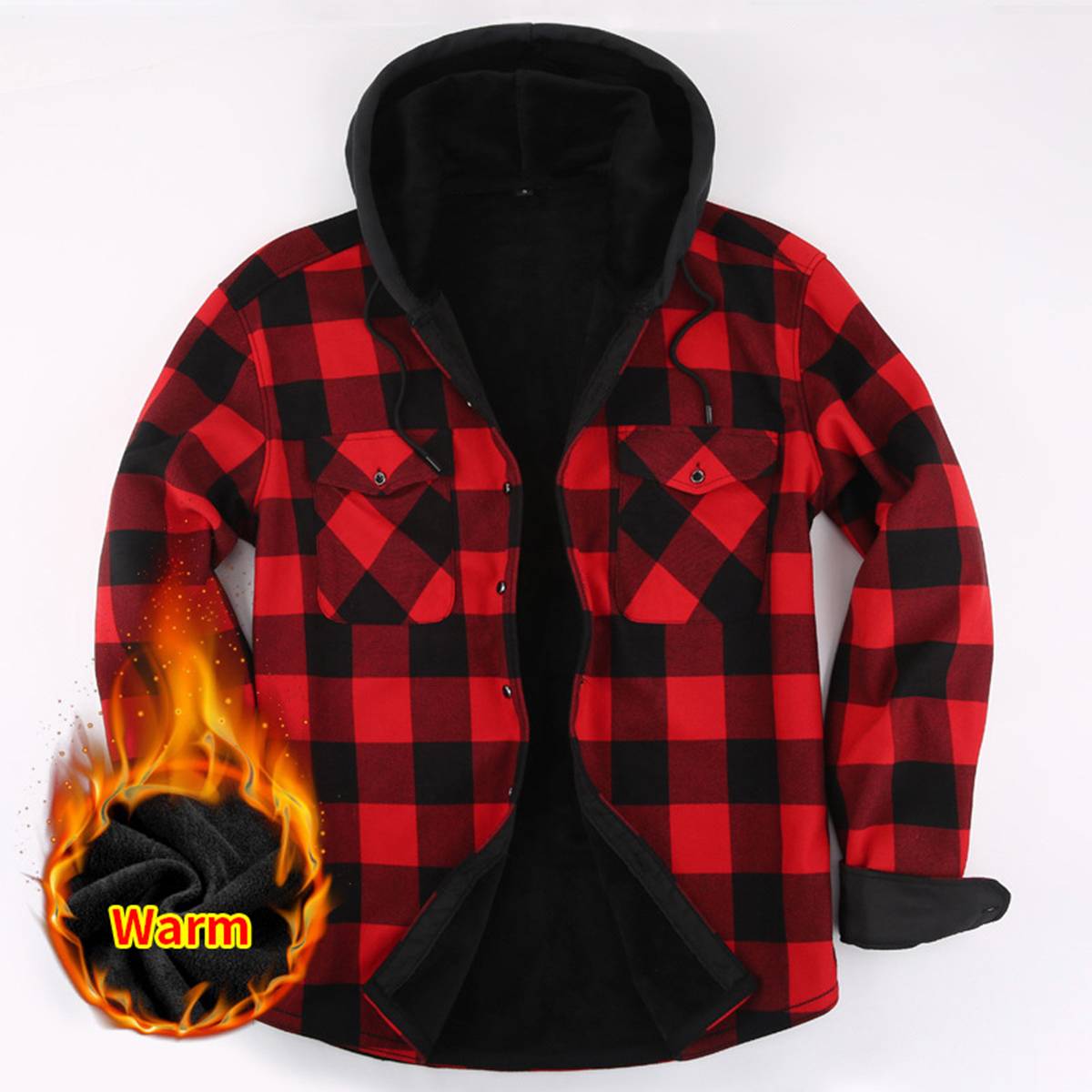 Men's Fleece Lined Plaid Hooded Shirt Jacket