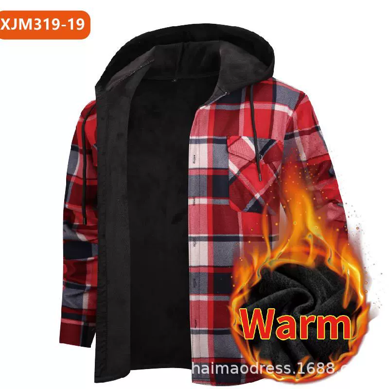 Men's Fleece Lined Plaid Hooded Shirt Jacket