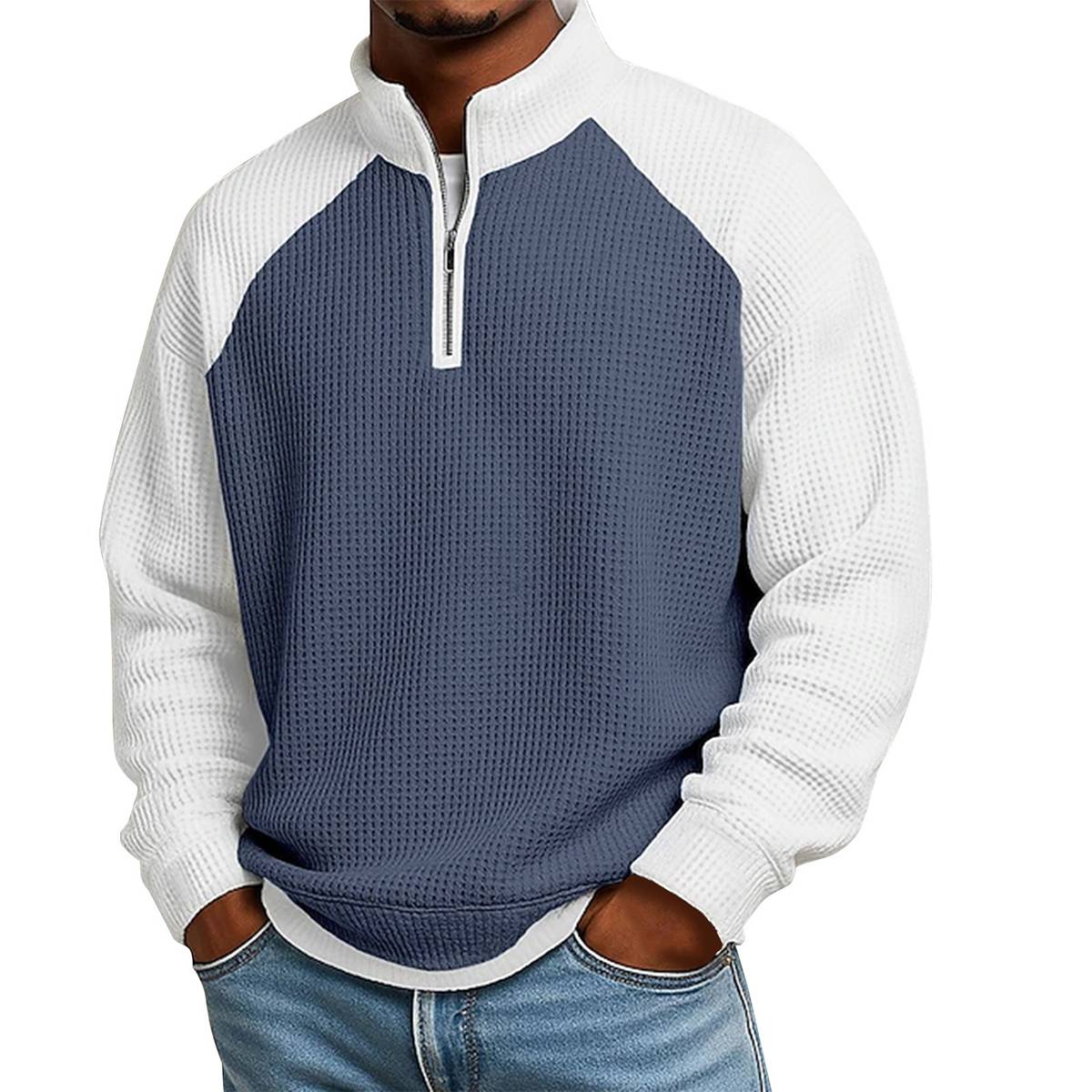 Men's Color Block Waffle Knit Quarter-Zip Pullover