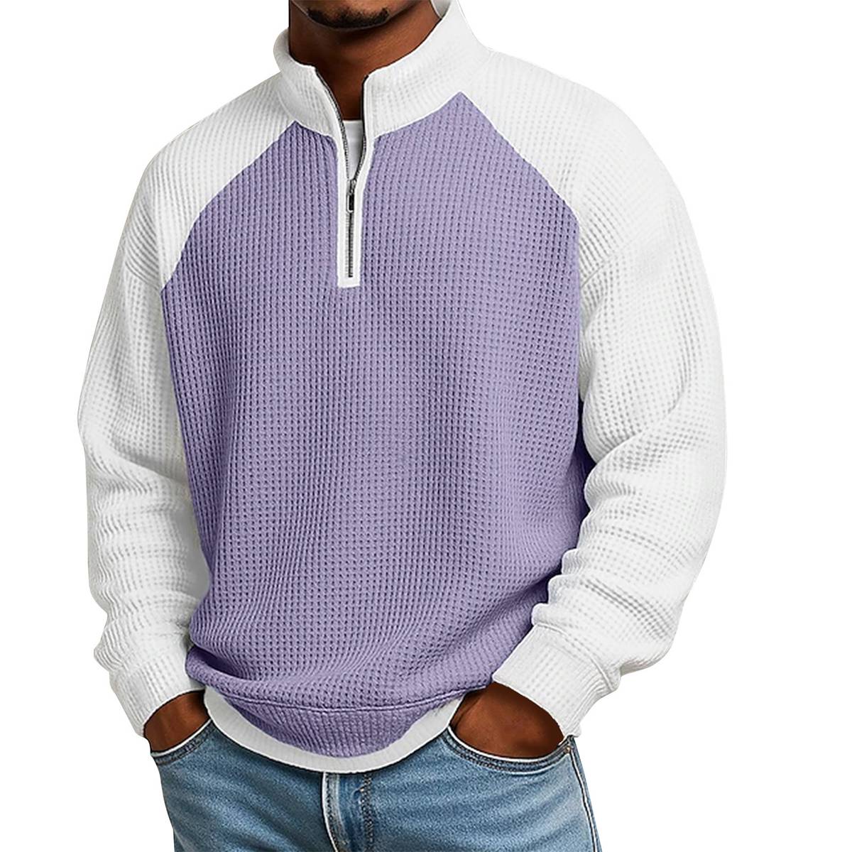 Men's Color Block Waffle Knit Quarter-Zip Pullover