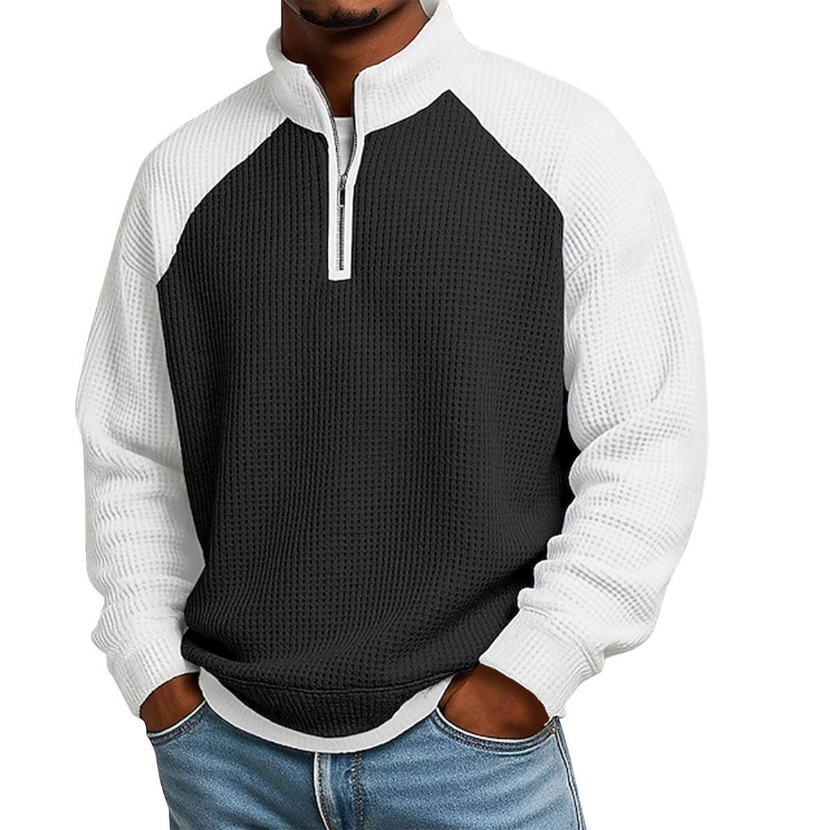 Men's Color Block Waffle Knit Quarter-Zip Pullover