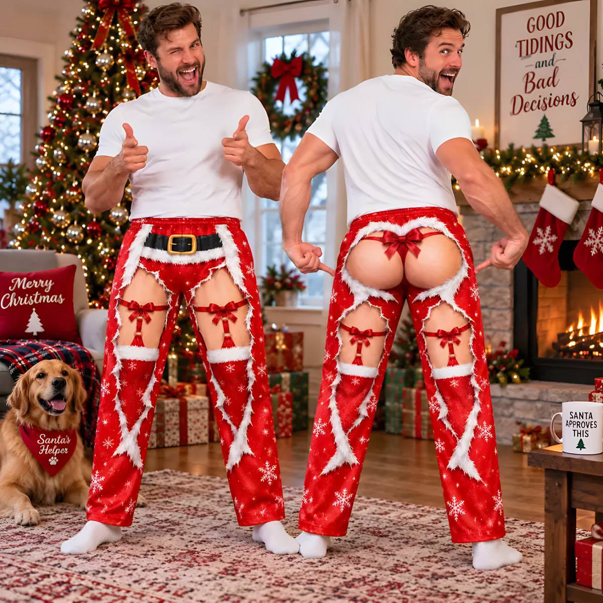 Funny Christmas Print Elastic Waist Straight Leg Pants