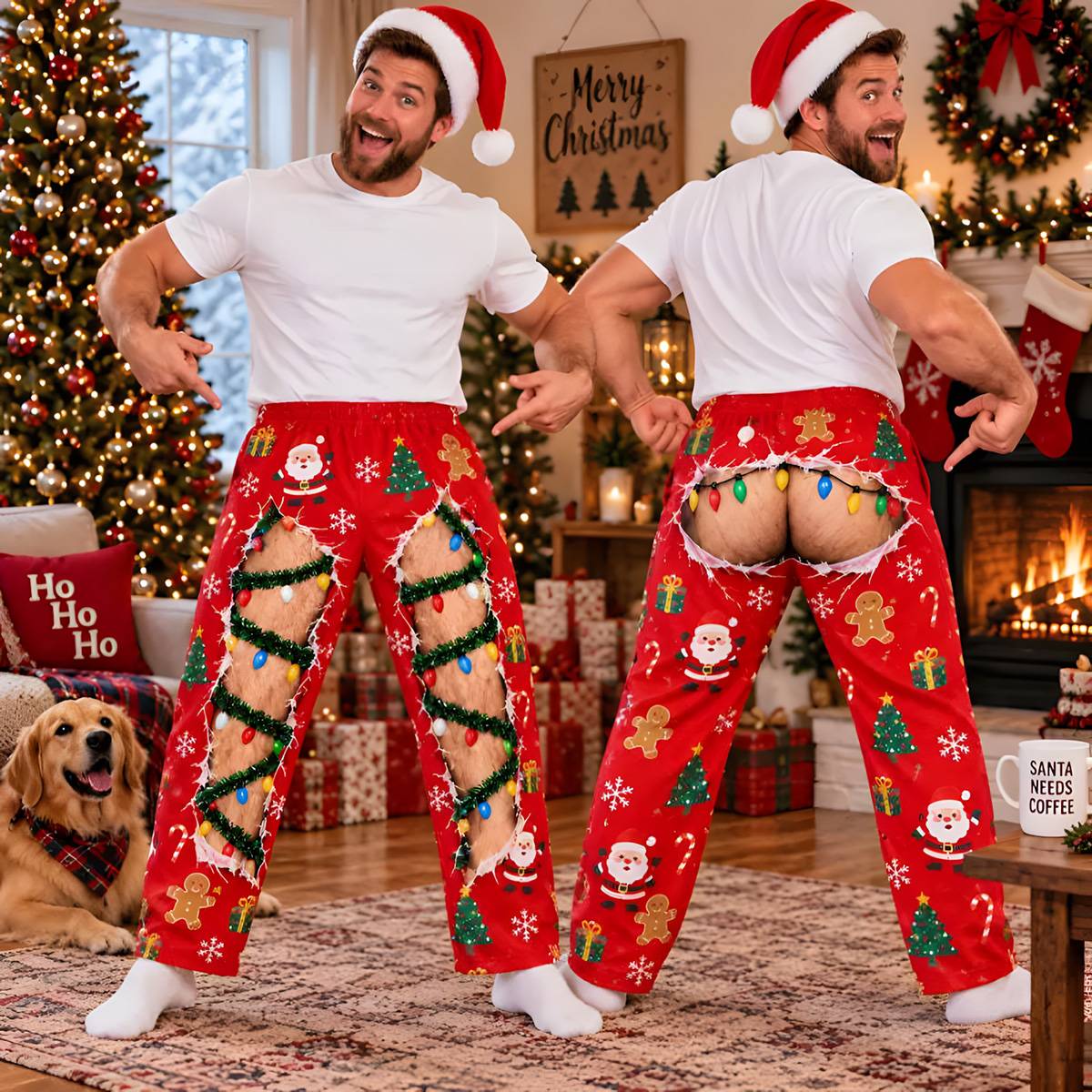 Funny Christmas Print Elastic Waist Straight Leg Pants