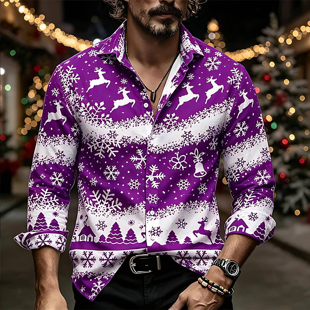 Men's Christmas Reindeer Snowflake Button-Down Casual Shirt