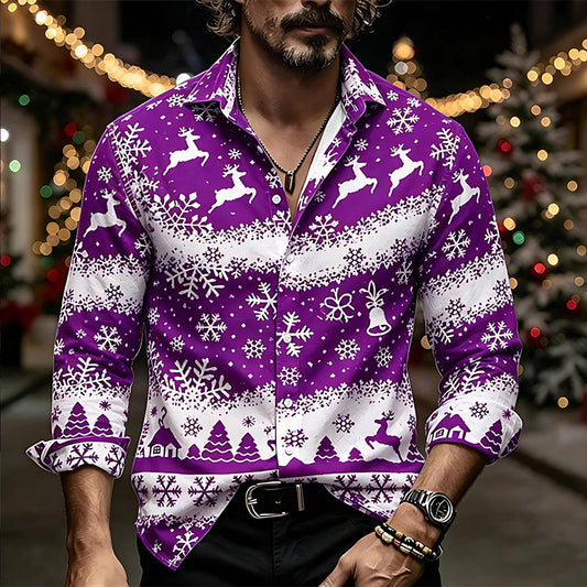 Men's Christmas Reindeer Snowflake Button-Down Casual Shirt