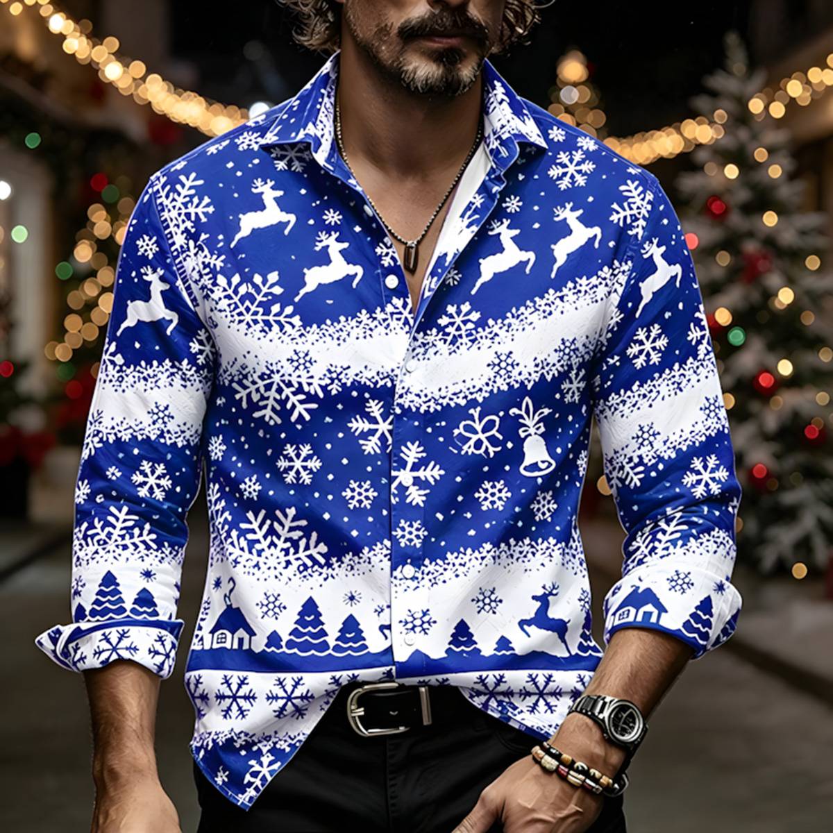 Men's Christmas Reindeer Snowflake Button-Down Casual Shirt