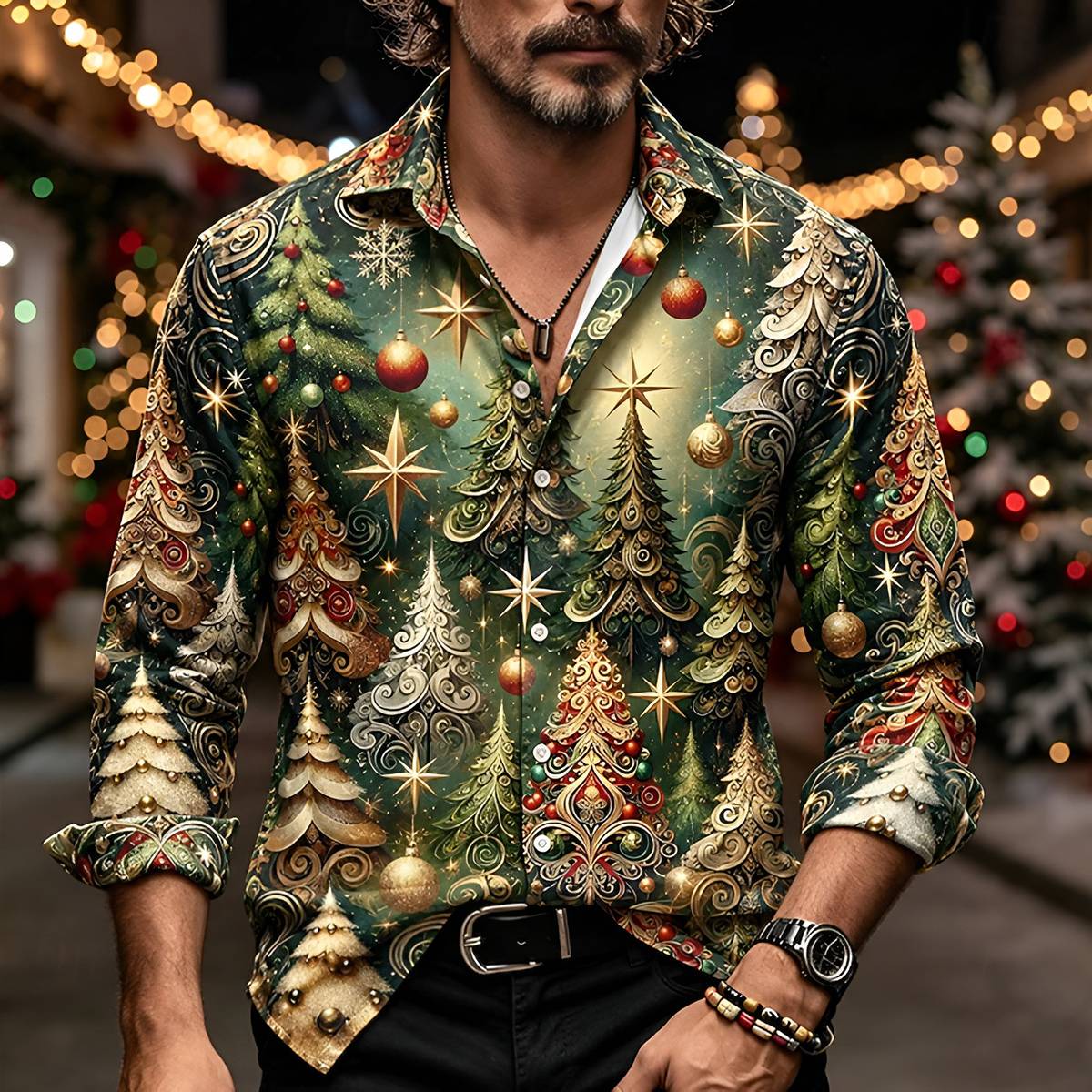 Men's Christmas Print Lapel Casual Button Down Shirt