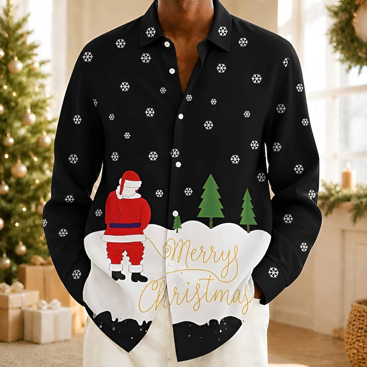 Men's Christmas Print Lapel Casual Button Down Shirt