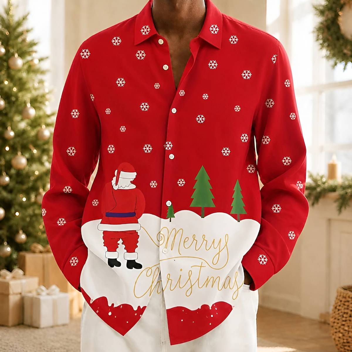 Men's Christmas Print Lapel Casual Button Down Shirt