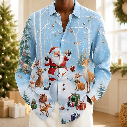 Men's Christmas Print Lapel Casual Button Down Shirt