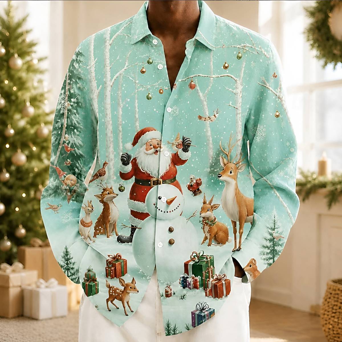 Men's Christmas Print Lapel Casual Button Down Shirt