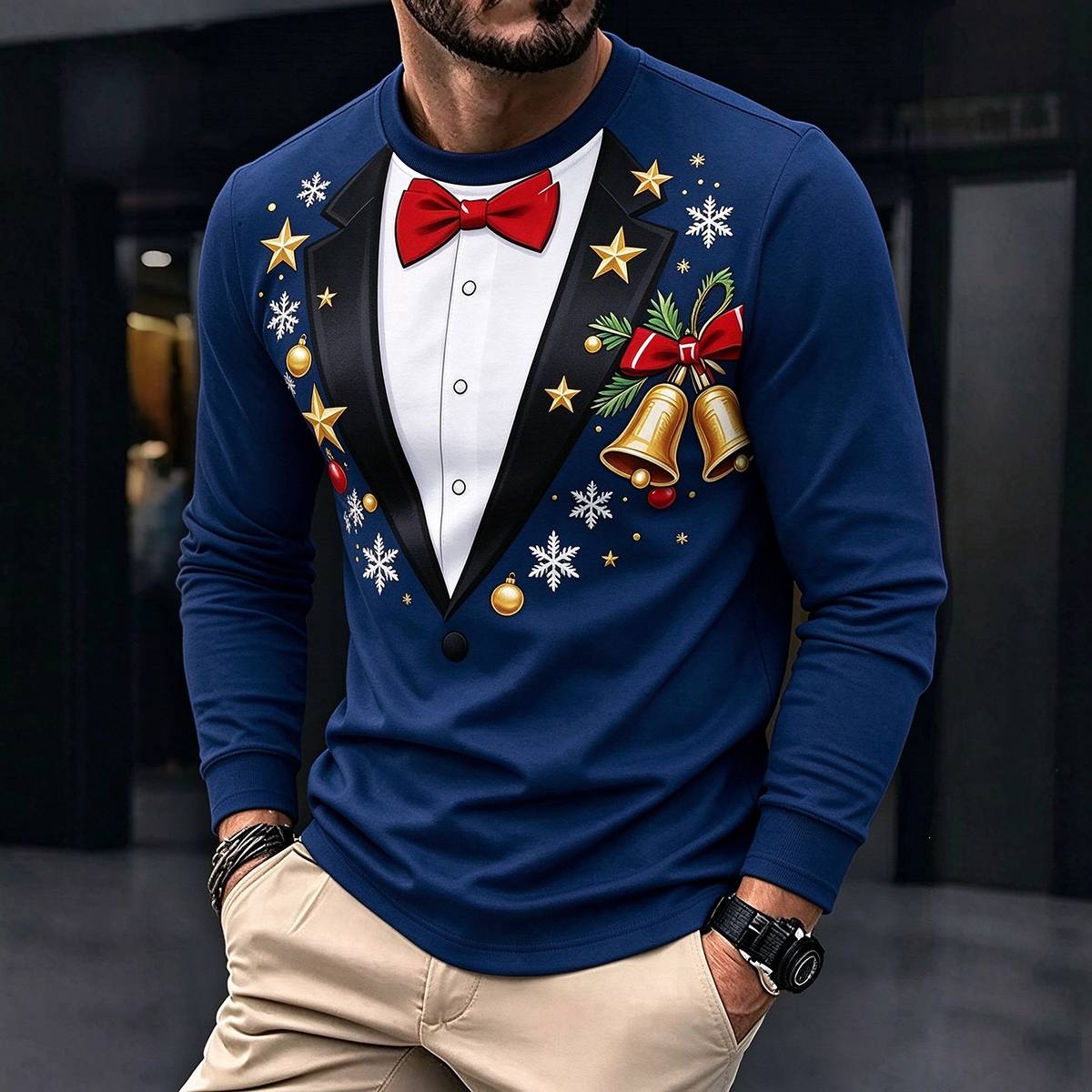 Christmas Tuxedo Fake Two-Piece Print Crewneck Shirt
