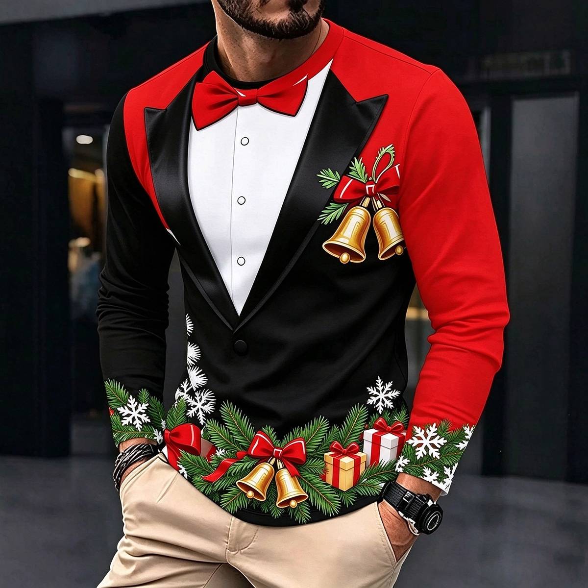 Christmas Tuxedo Fake Two-Piece Print Crewneck Shirt