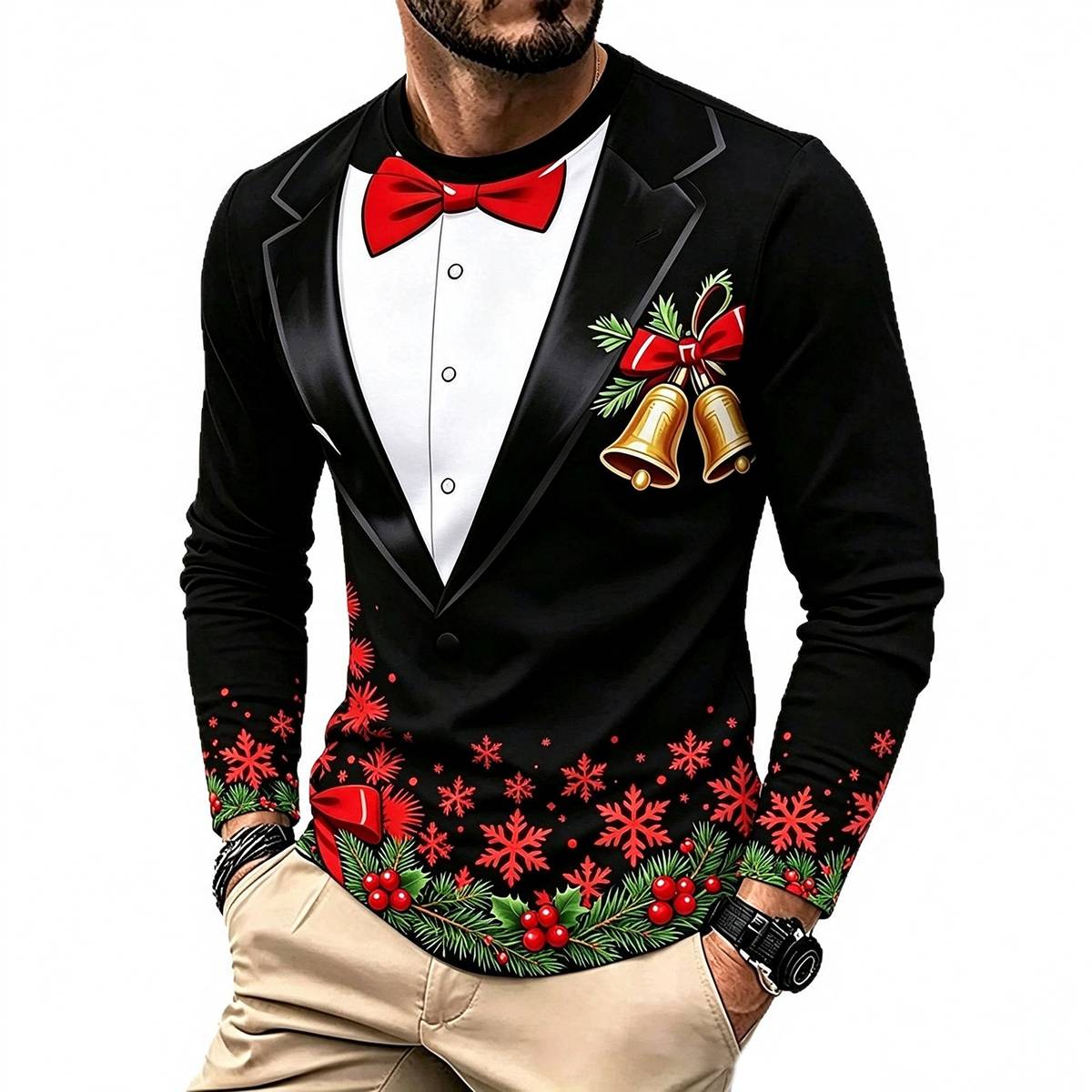 Christmas Tuxedo Fake Two-Piece Print Crewneck Shirt