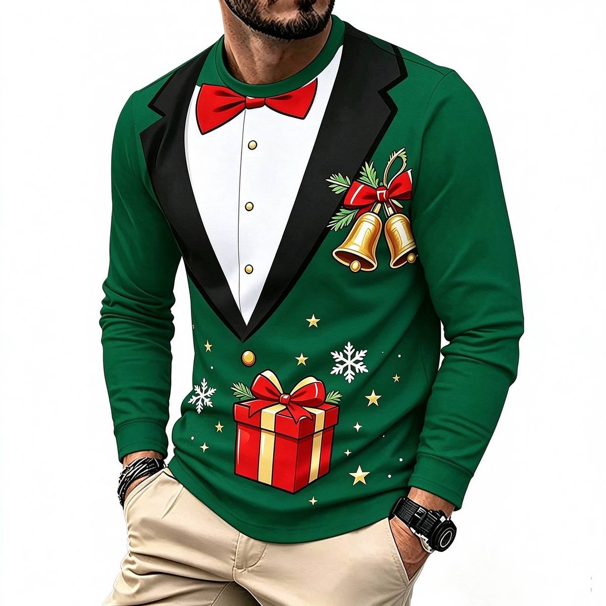 Christmas Tuxedo Fake Two-Piece Print Crewneck Shirt