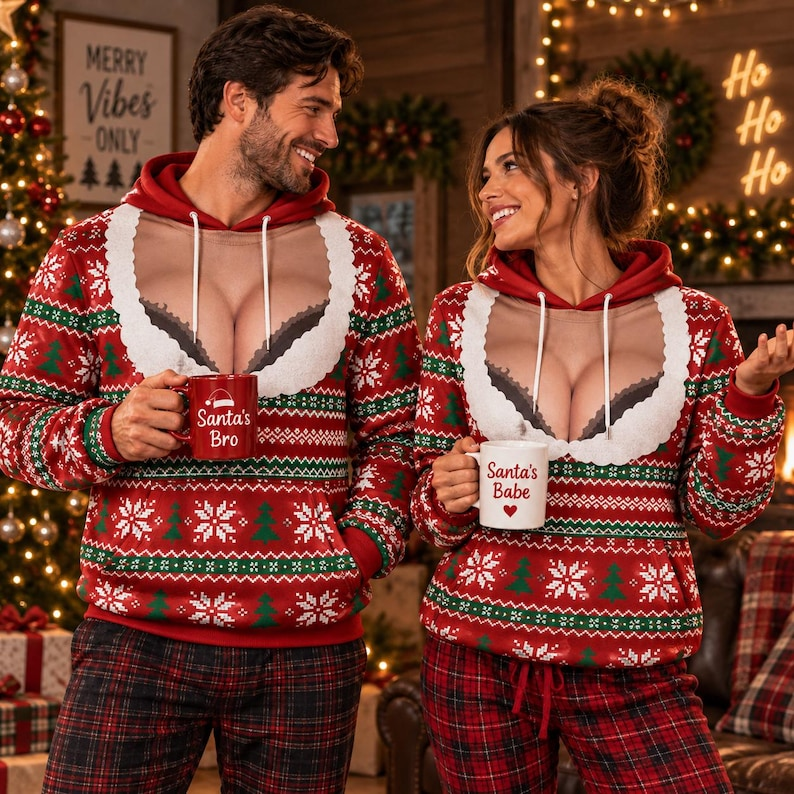 Couple Funny Christmas Print Pullover Hoodie