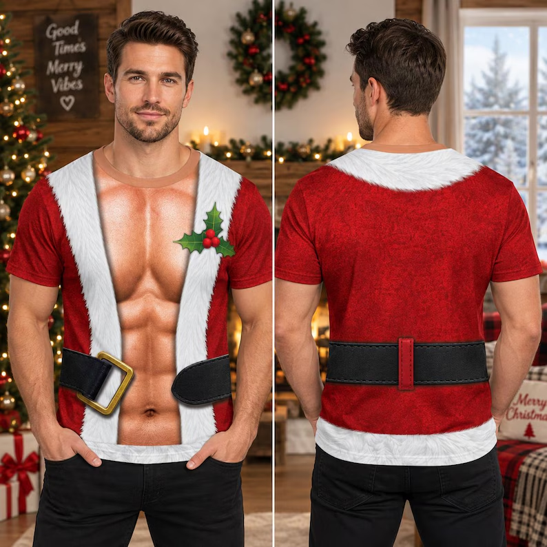 Men's Funny Fake Santa Suit Print Crewneck T-Shirt
