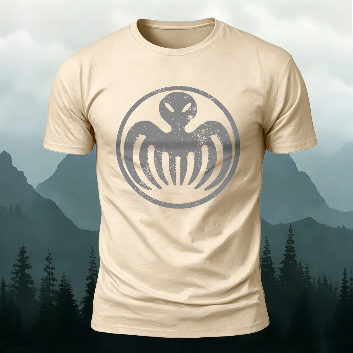 Distressed Alien Octopus Circle Casual Crew Neck Tee