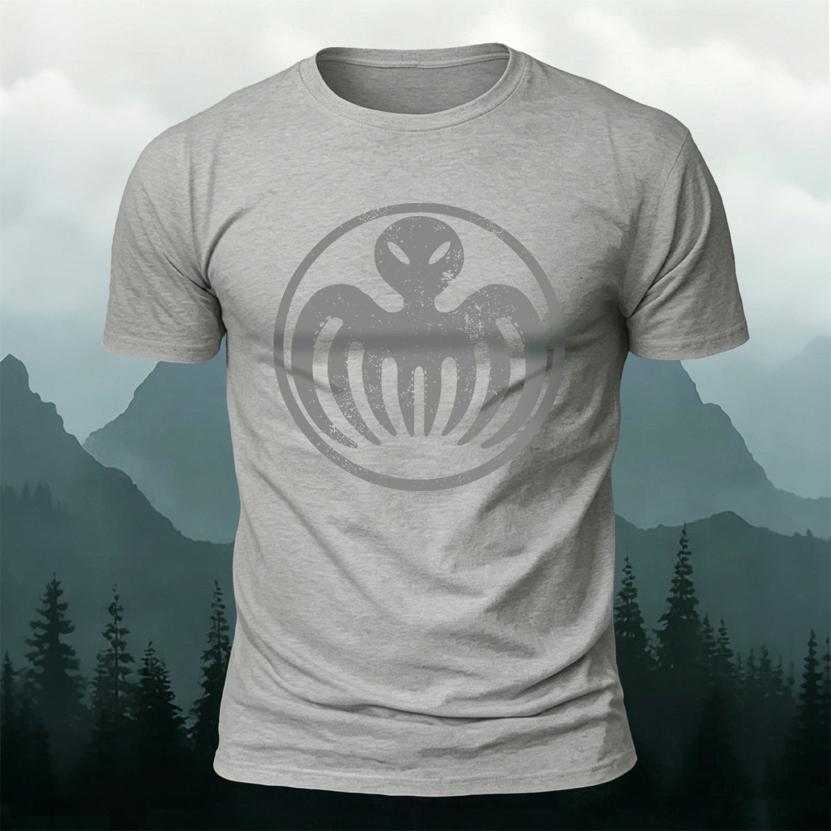 Distressed Alien Octopus Circle Casual Crew Neck Tee