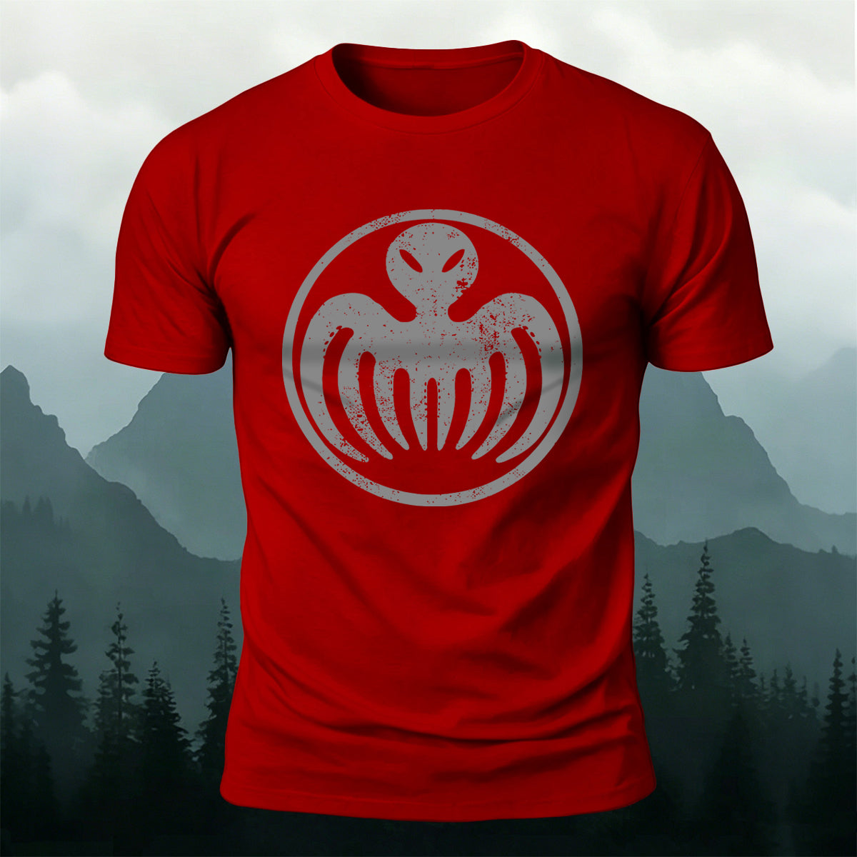 Distressed Alien Octopus Circle Casual Crew Neck Tee