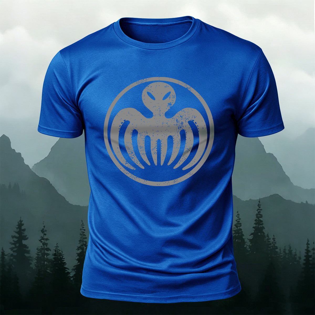 Distressed Alien Octopus Circle Casual Crew Neck Tee