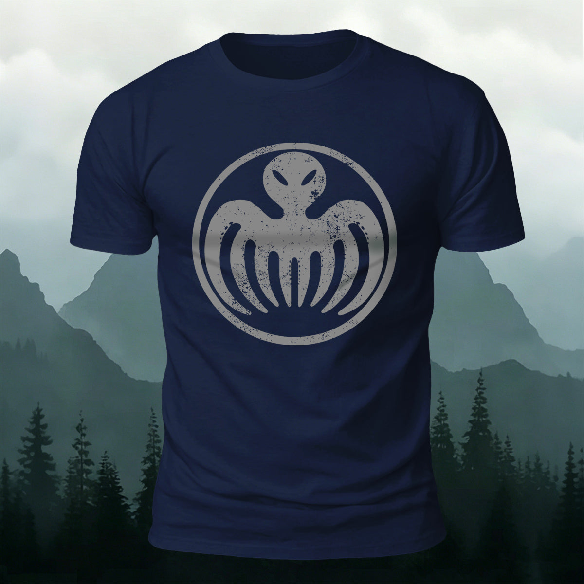 Distressed Alien Octopus Circle Casual Crew Neck Tee